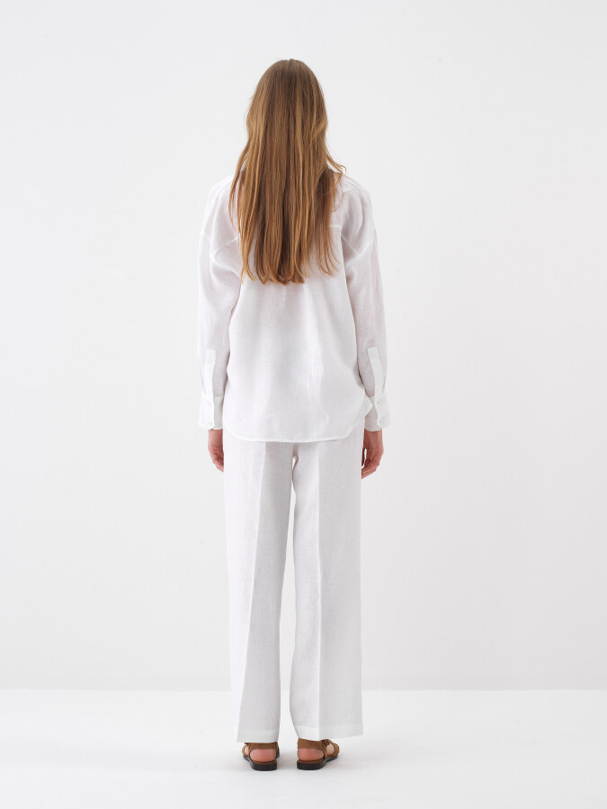 Beyaz %100 Keten Oversize Pantolon - 5