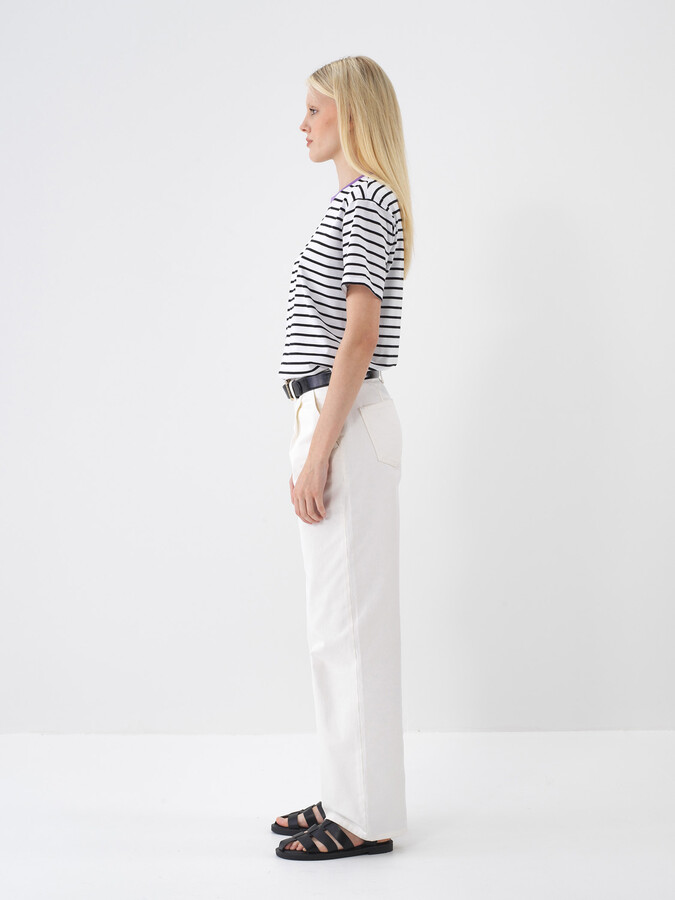 Beyaz Pamuk Dokulu Oversize Pantolon - 4