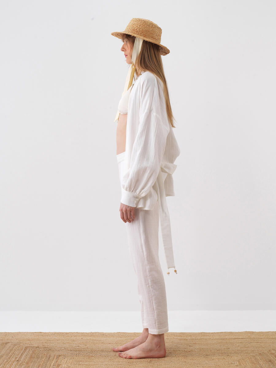 Beyaz Pamuk Dokulu Oversize Pantolon - 4