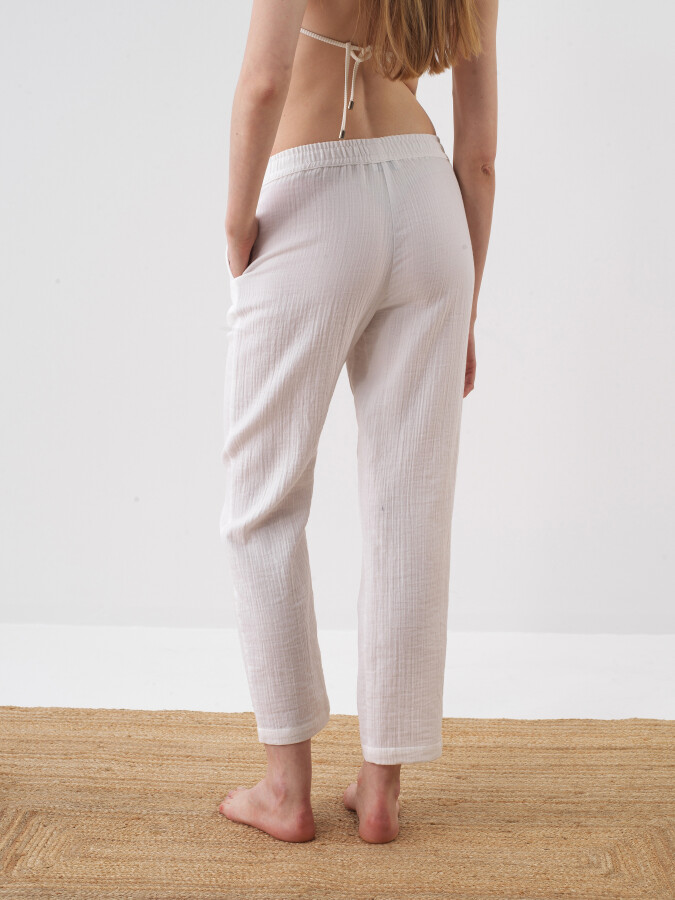 Beyaz Pamuk Dokulu Oversize Pantolon - 3