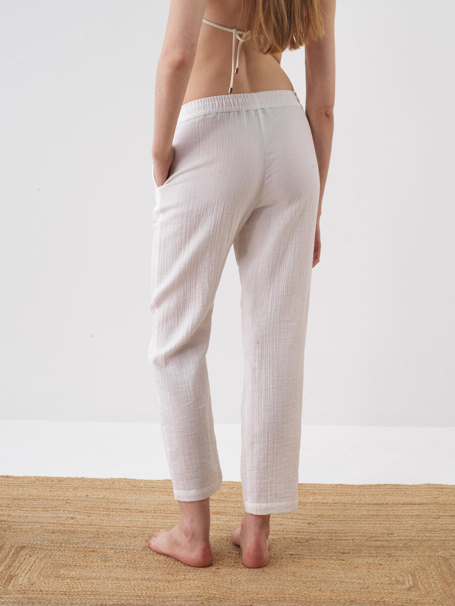 Beyaz Pamuk Dokulu Oversize Pantolon - 3