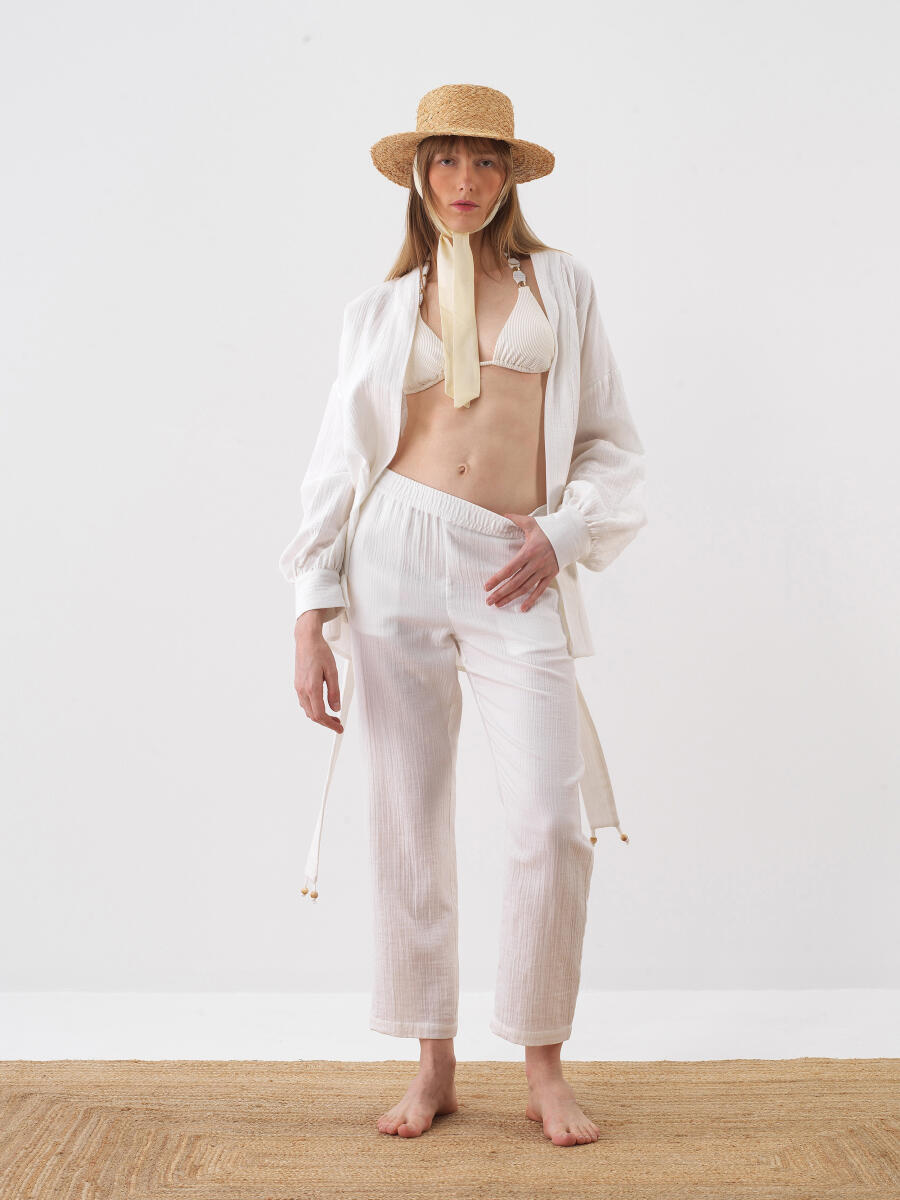 Beyaz Pamuk Dokulu Oversize Pantolon - 2