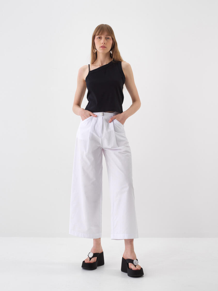 Beyaz Pamuk Dokulu Oversize Pantolon - 2