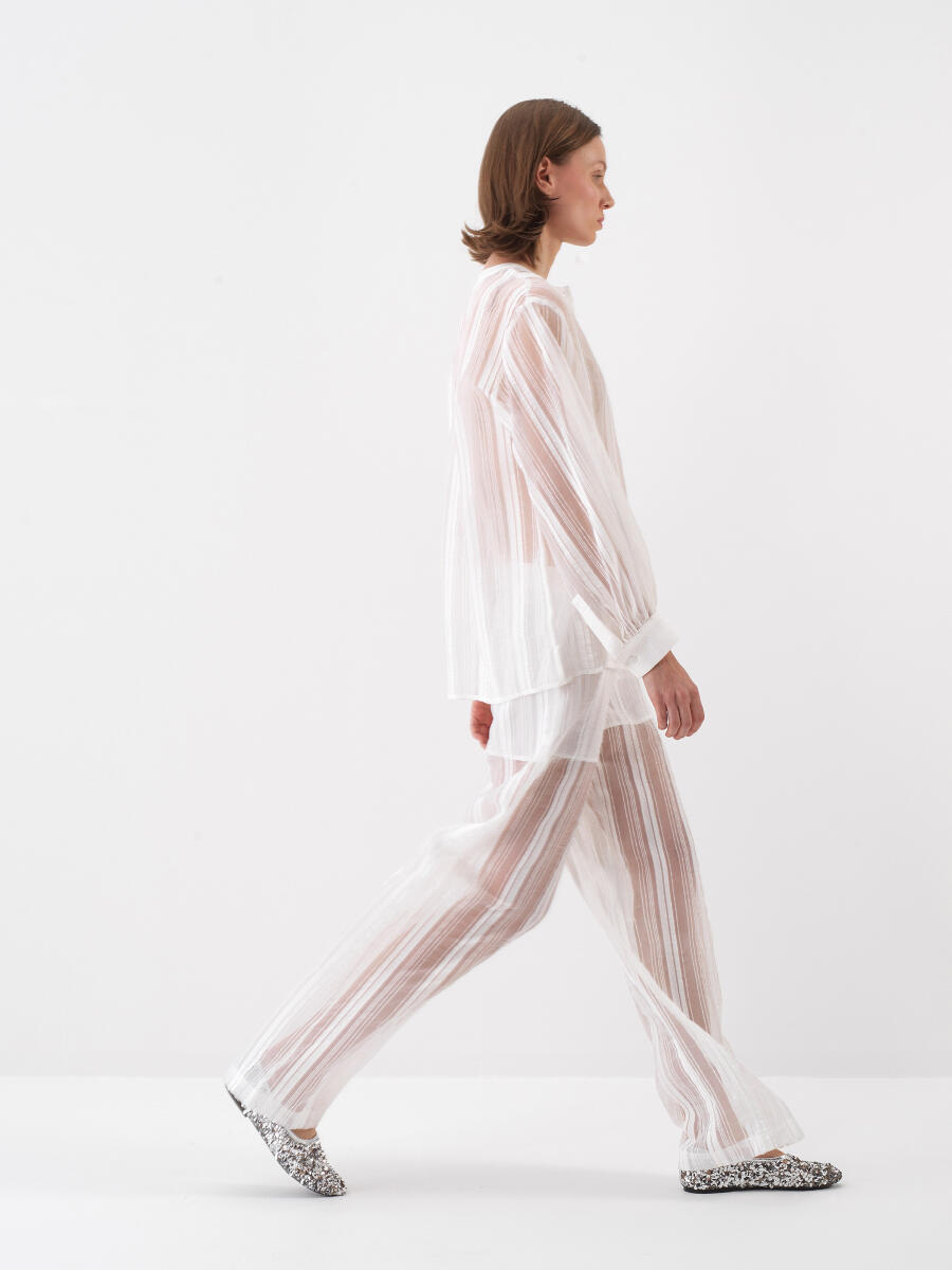 Beyaz Doğal Dökümlü Oversize Pantolon - 3