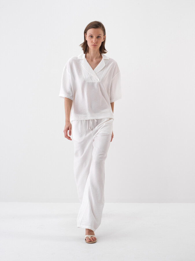 Beyaz Doğal Dökümlü Oversize Pantolon - 2