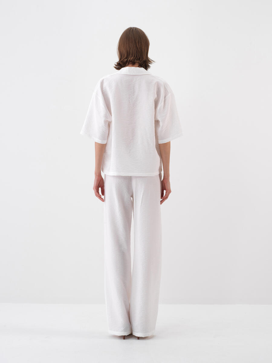 Beyaz Doğal Dökümlü Oversize Pantolon - 5