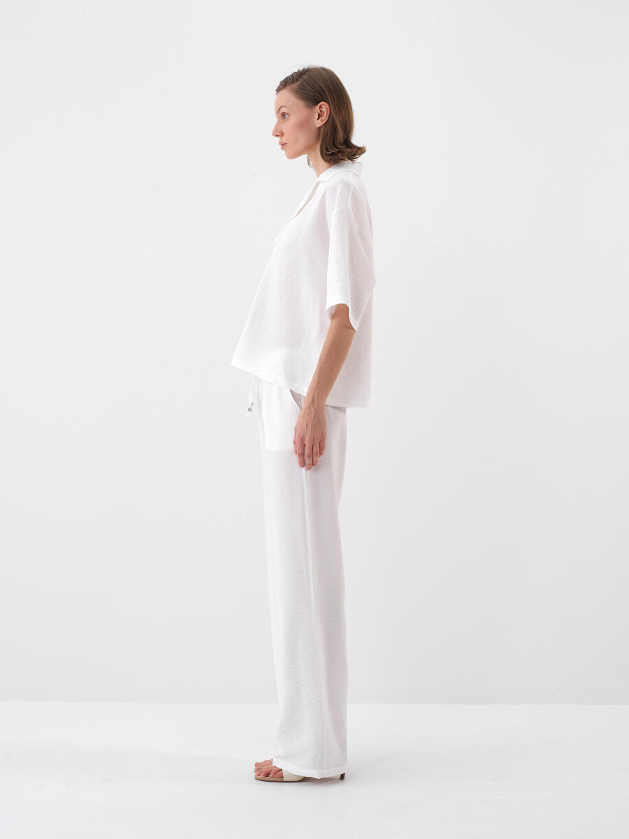 Beyaz Doğal Dökümlü Oversize Pantolon - 3