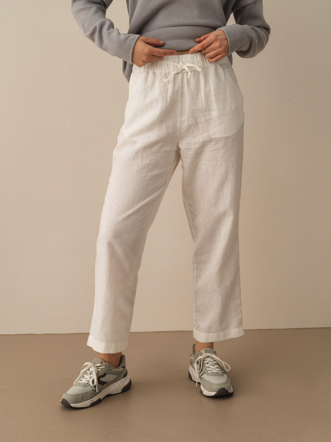 Kırık Beyaz %100 Keten Regular Fit Pantolon