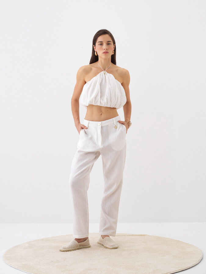 Beyaz Pamuk Dokulu Regular Fit Pantolon - 2