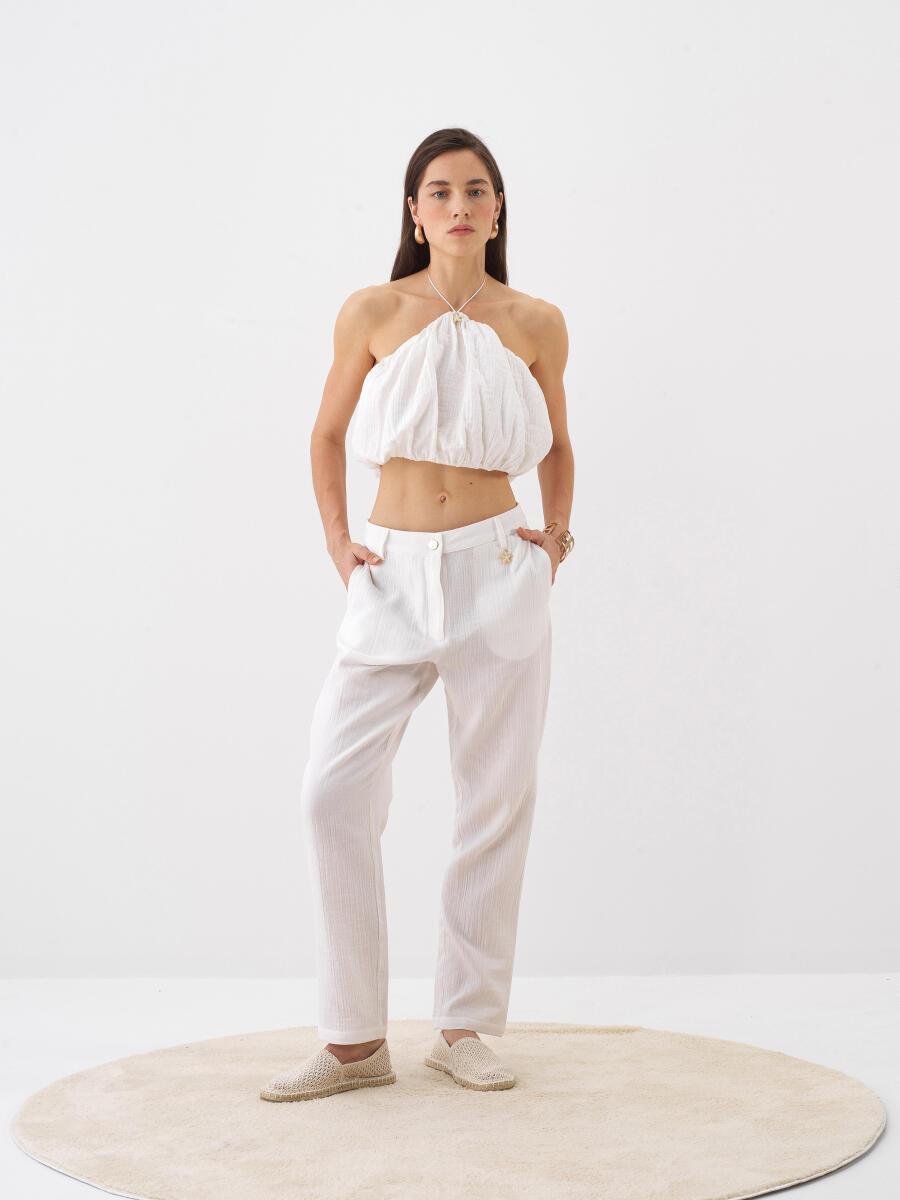 Beyaz Pamuk Dokulu Regular Fit Pantolon - 2