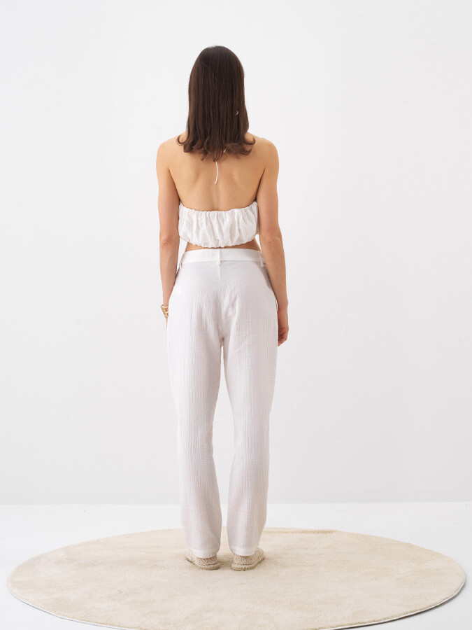 Beyaz Pamuk Dokulu Regular Fit Pantolon - 5