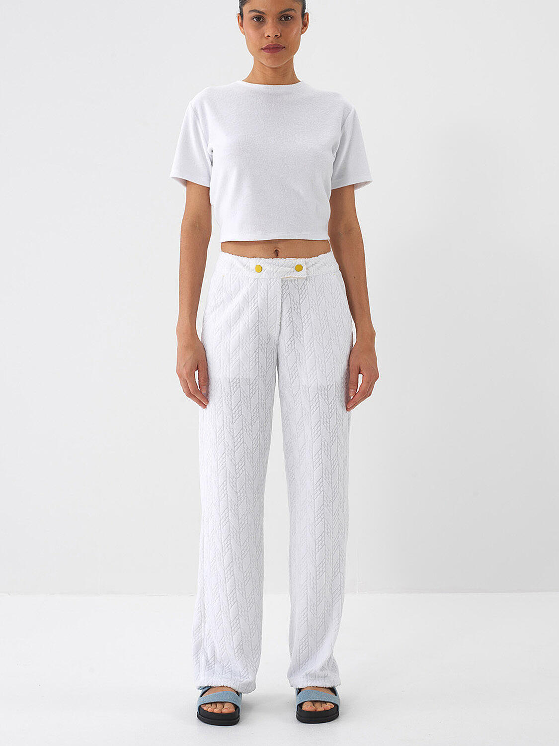 Beyaz Pamuk Dokulu Regular Fit Pantolon - 1