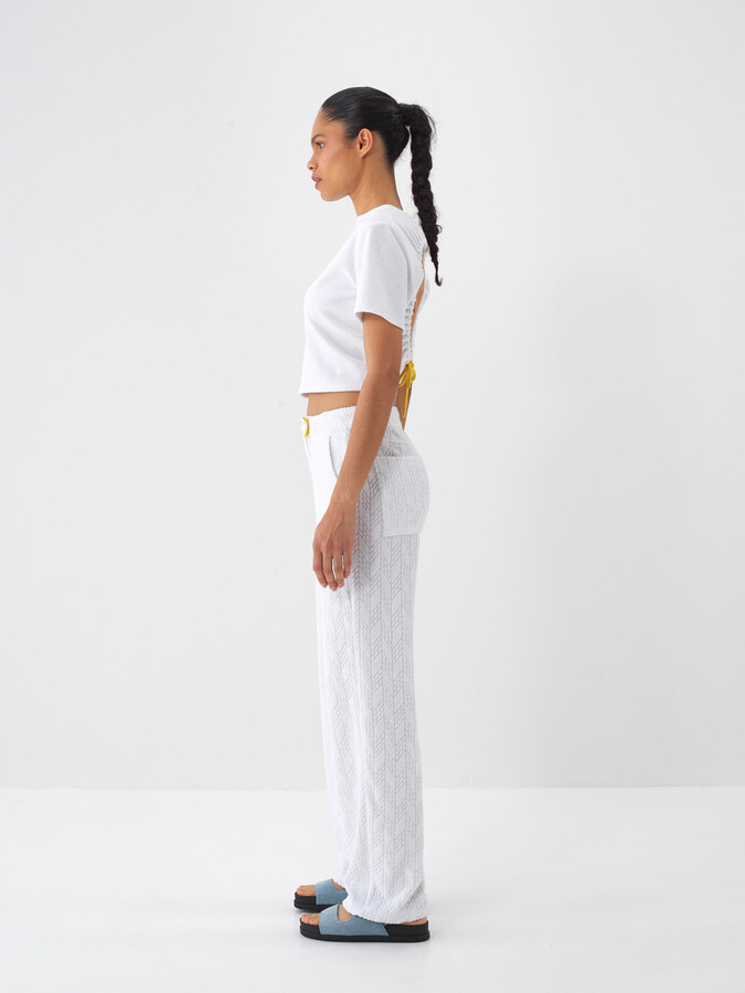 Beyaz Pamuk Dokulu Regular Fit Pantolon - 4