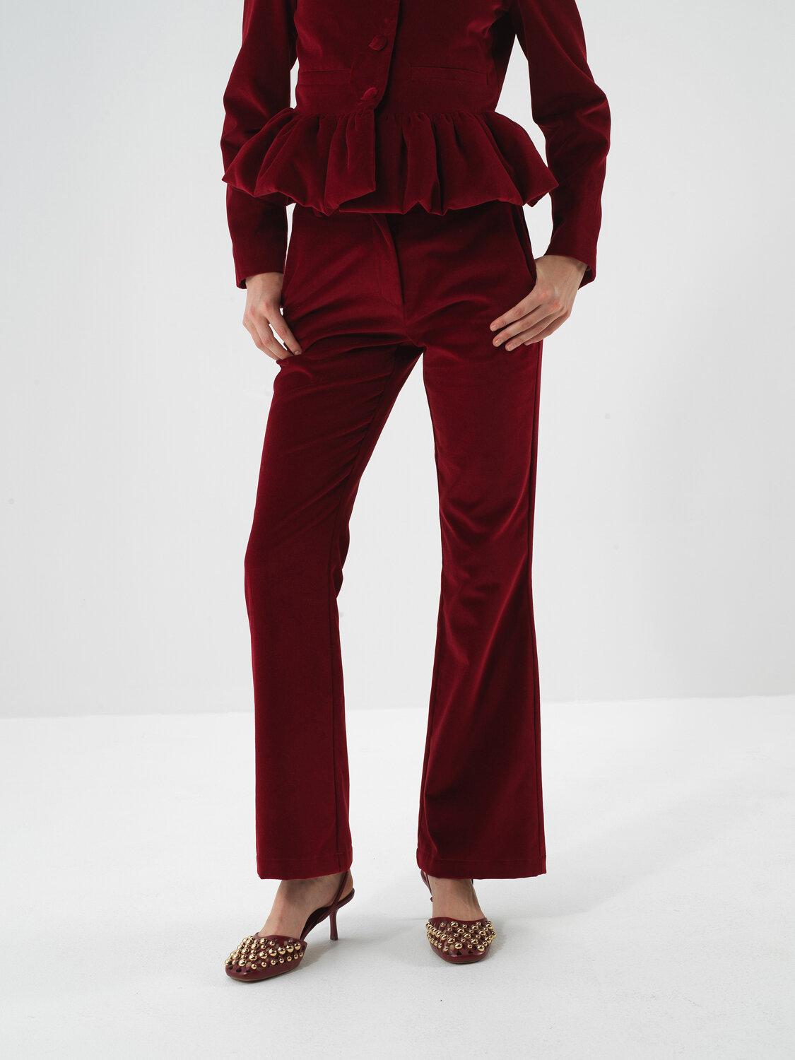 Bordo Lüks Dokulu Soft Kadife Regular Fit Pantolon - Xint