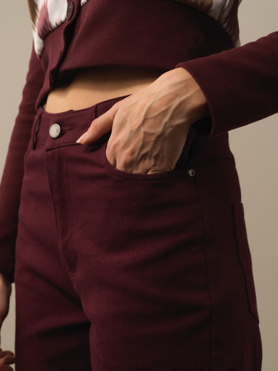 Bordo Pamuk Dokulu Oversize Pantolon - 3