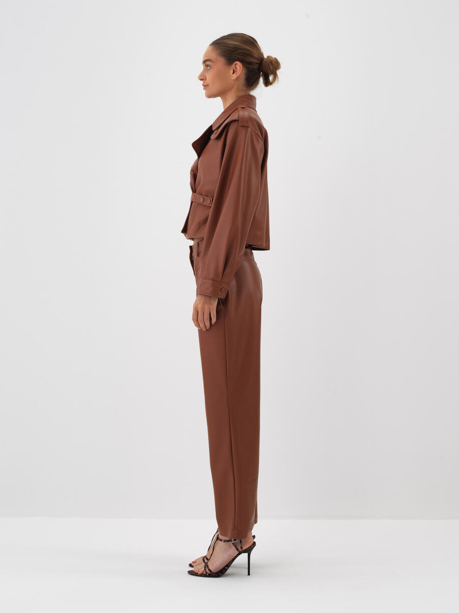 Camel Deri Görünümlü Regular Fit Pantolon - 4