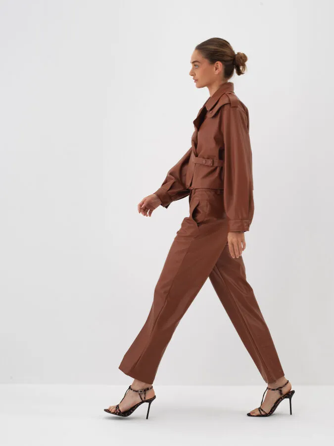 Camel Deri Görünümlü Regular Fit Pantolon - Xint