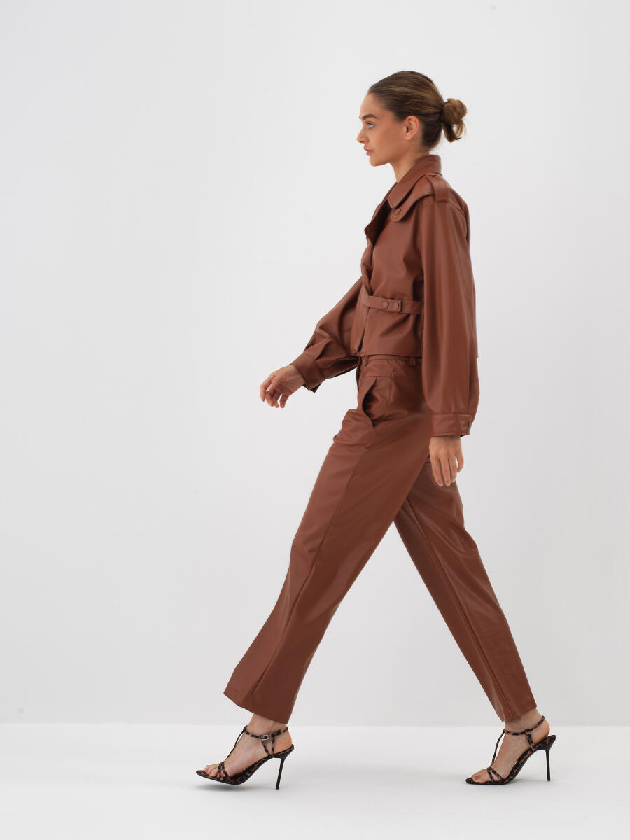 Camel Deri Görünümlü Regular Fit Pantolon - 3