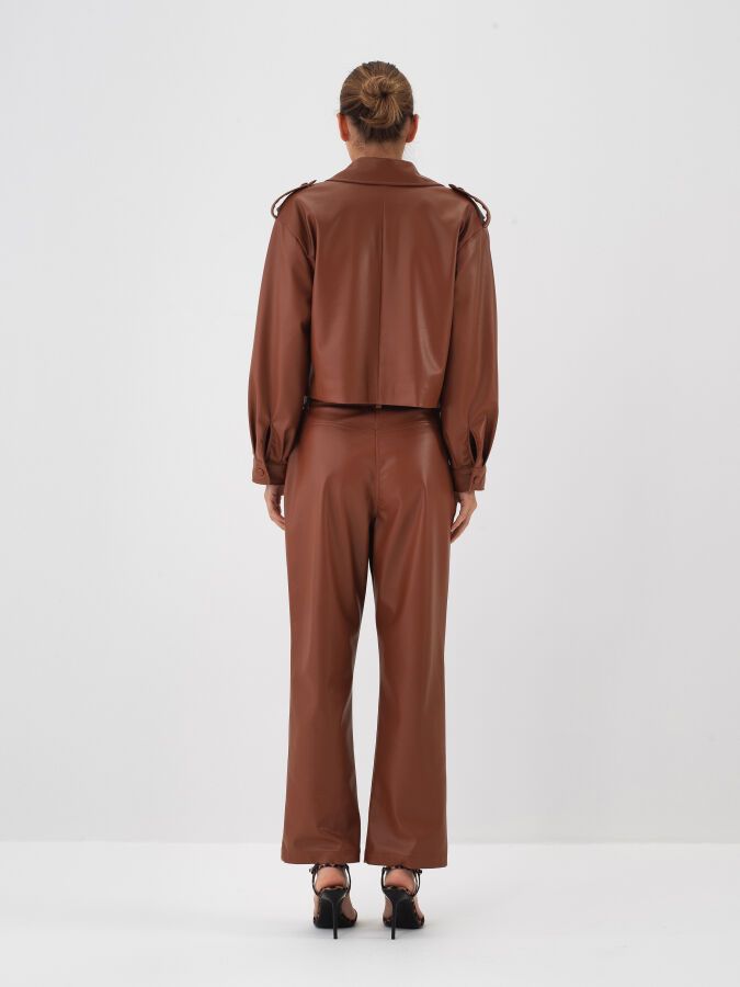 Camel Deri Görünümlü Regular Fit Pantolon - Xint