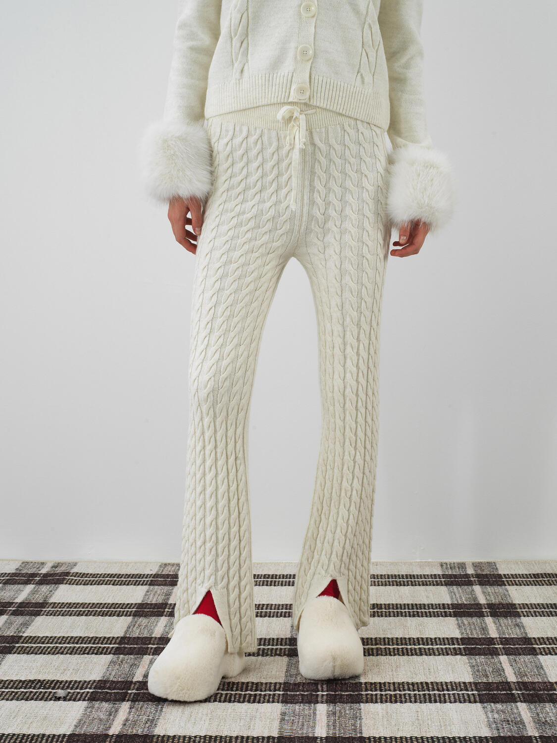 Ekru Doğal Yün Dokulu Oversize Pantolon - 3