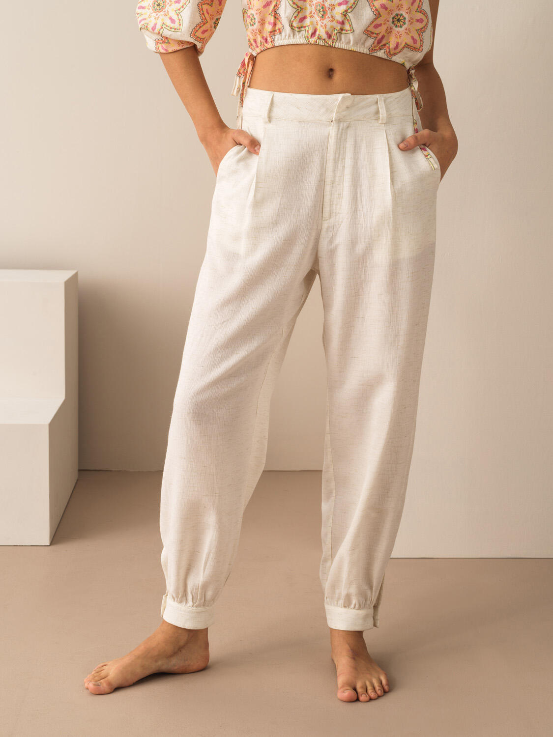 Ekru Keten Karışımlı Oversize Pantolon