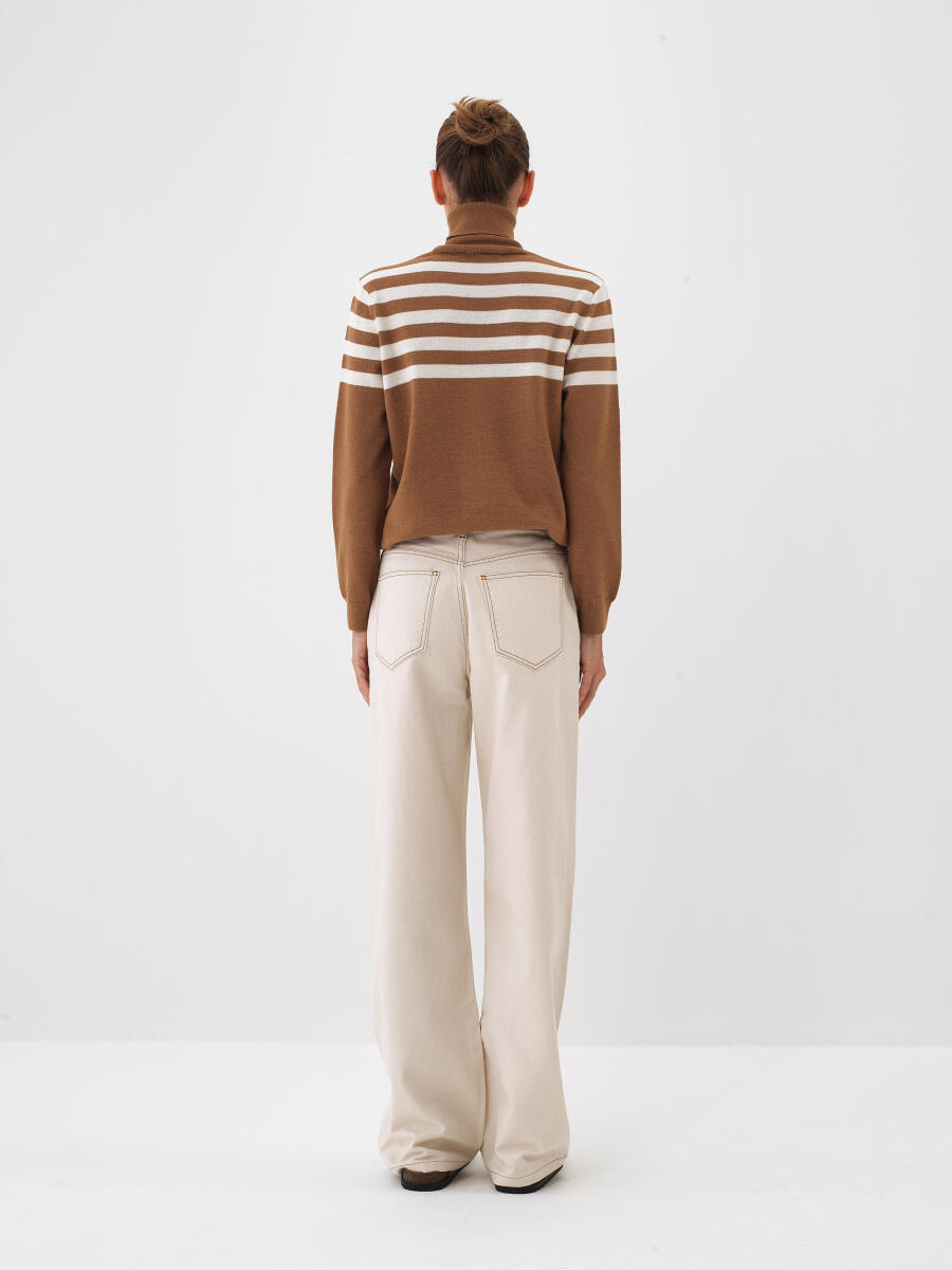 Ekru Pamuk Dokulu Oversize Pantolon - 5