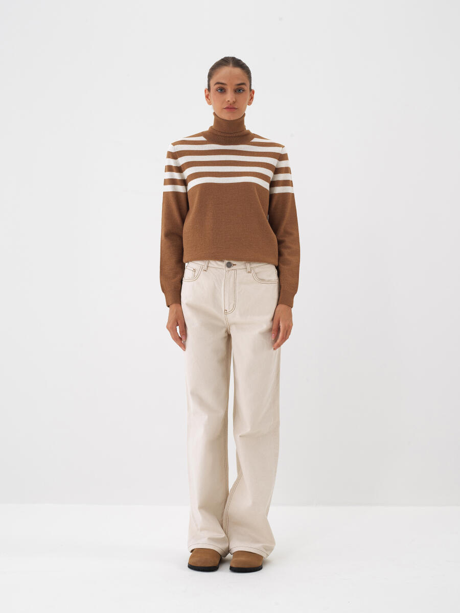 Ekru Pamuk Dokulu Oversize Pantolon - 2