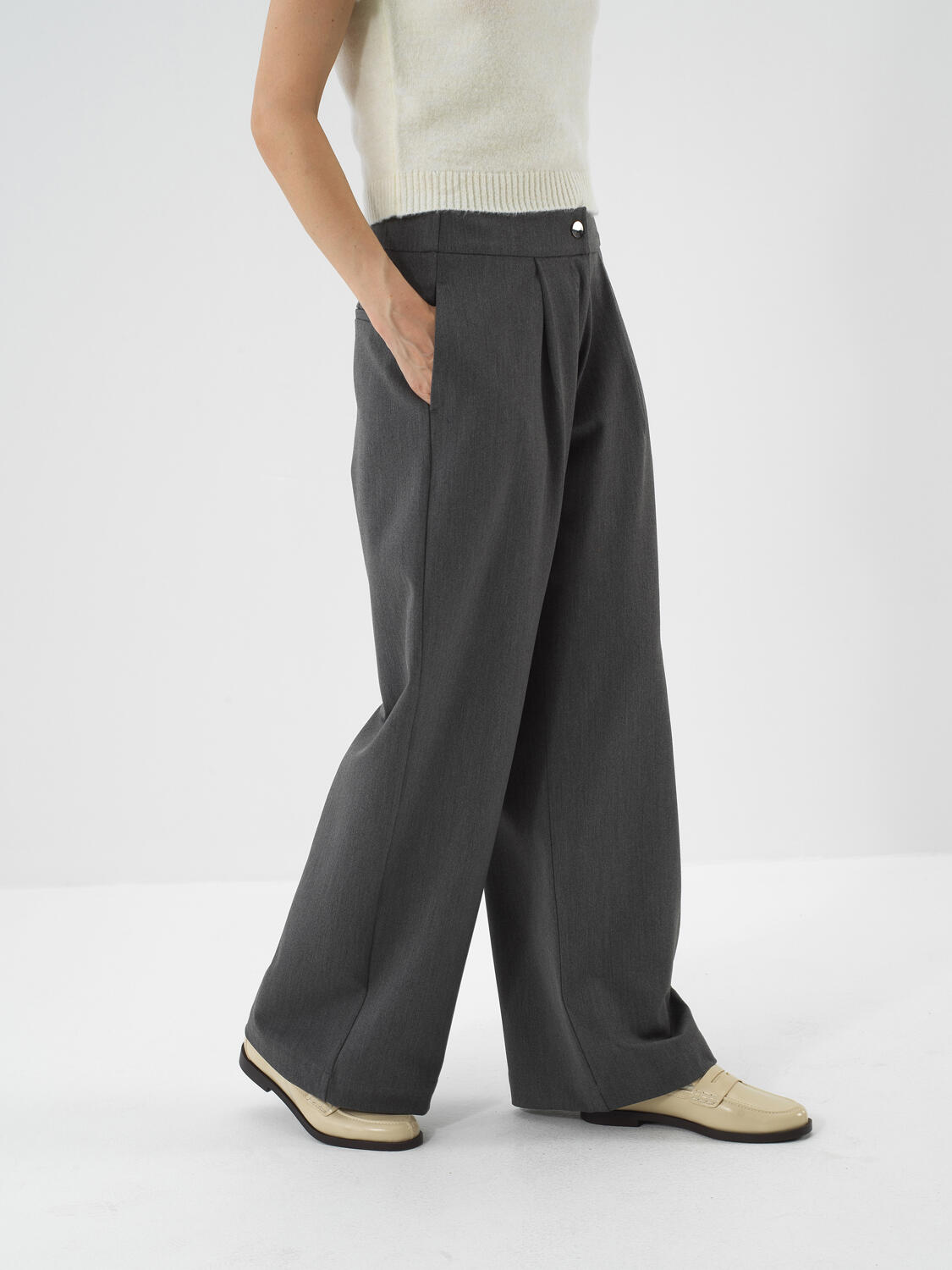 Gri Esnek Dokulu Oversize Pantolon - 1