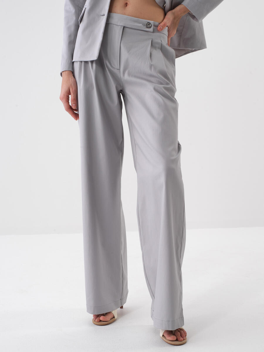Gri Pamuk Dokulu Oversize Pantolon - 1