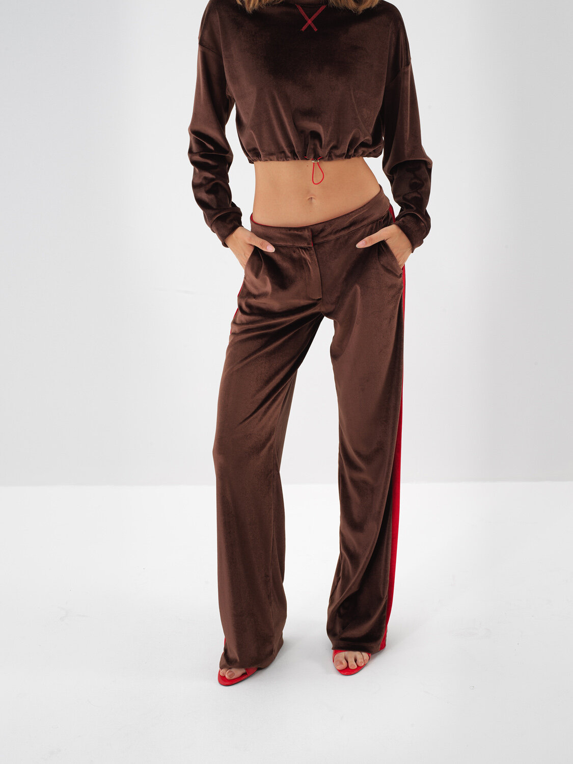 Kahverengi Lüks Dokulu Soft Kadife Oversize Pantolon - Xint