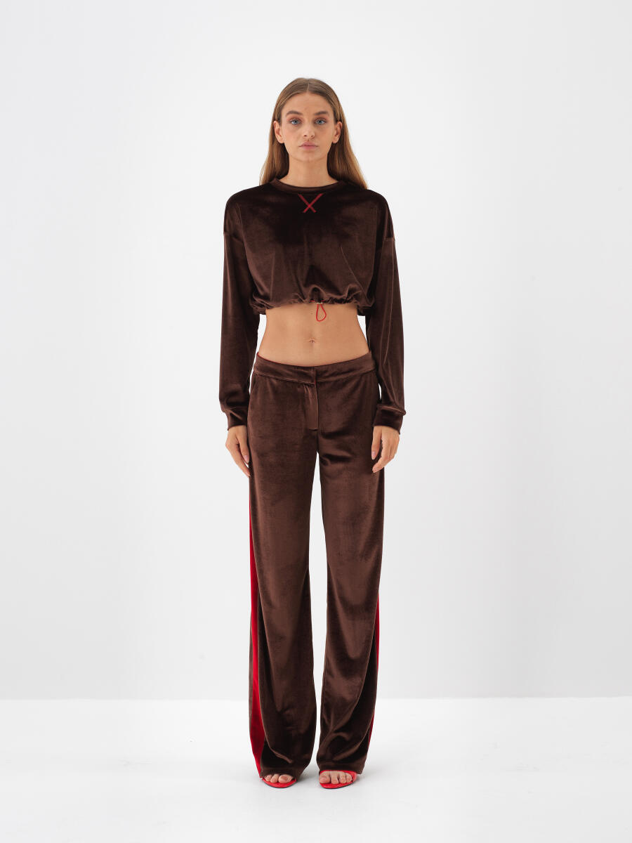 Kahverengi Lüks Dokulu Soft Kadife Oversize Pantolon - 2