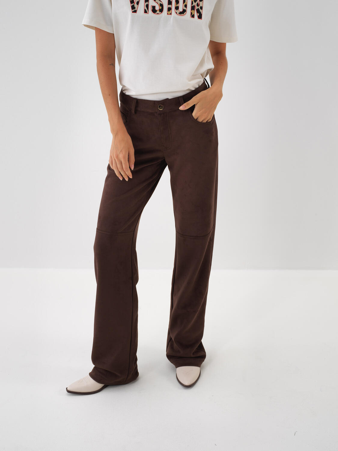 Kahverengi Oversize Süet Görünümlü Pantolon - 3