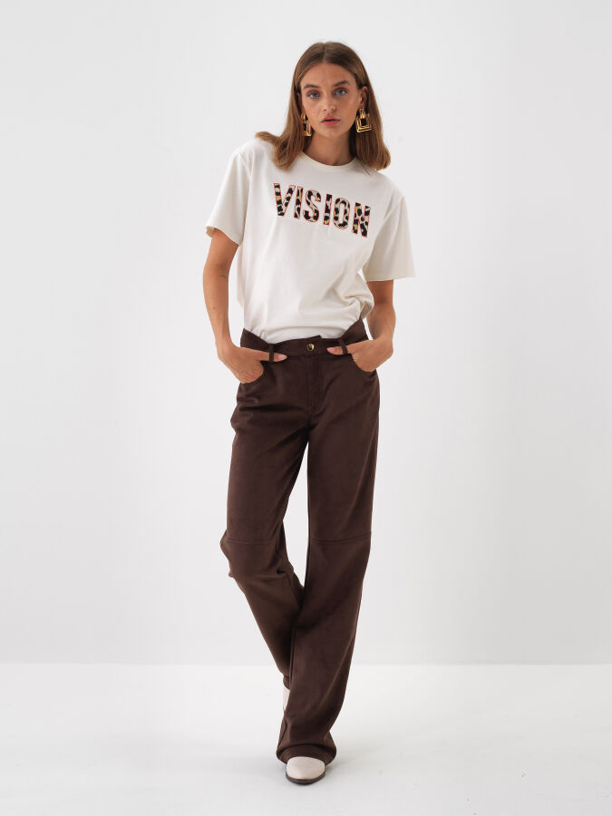 Kahverengi Soft Touch Süet Görünüm Oversize Pantolon - Xint