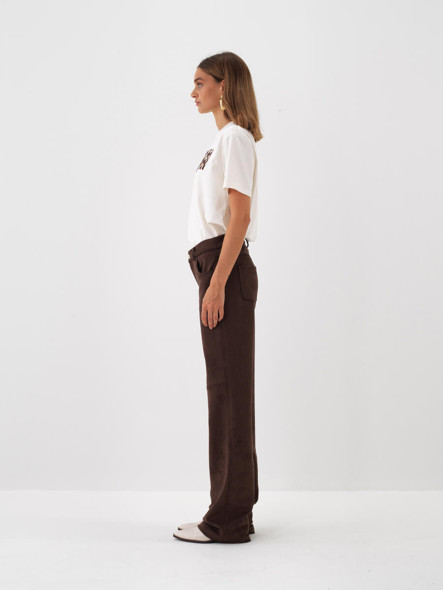Kahverengi Oversize Süet Görünümlü Pantolon - 4