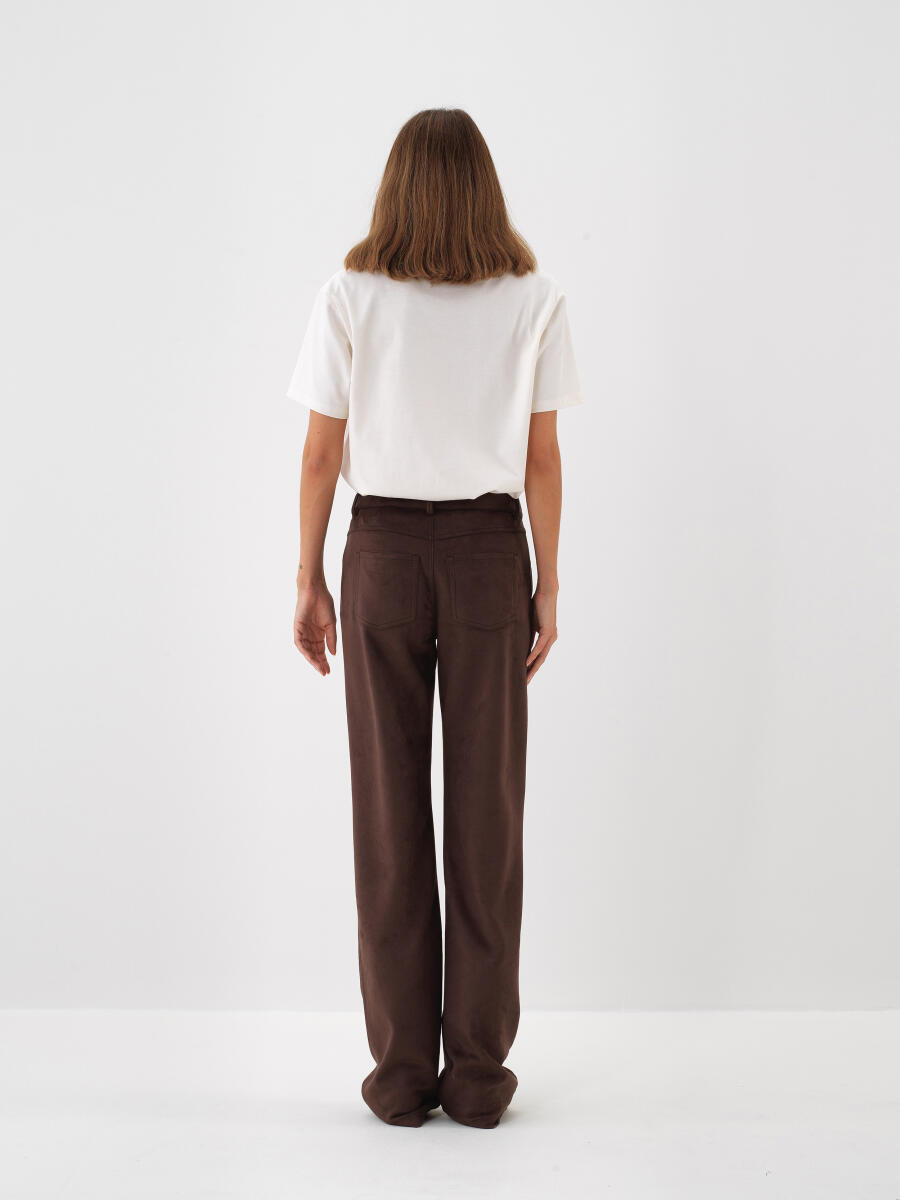 Kahverengi Oversize Süet Görünümlü Pantolon - 5