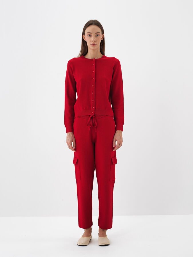 Kırmızı Doğal Yün Dokulu Regular Fit Pantolon - Xint