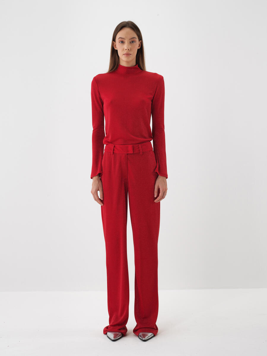 Kırmızı Işıltılı Sim Detaylı Regular Fit Pantolon - 2