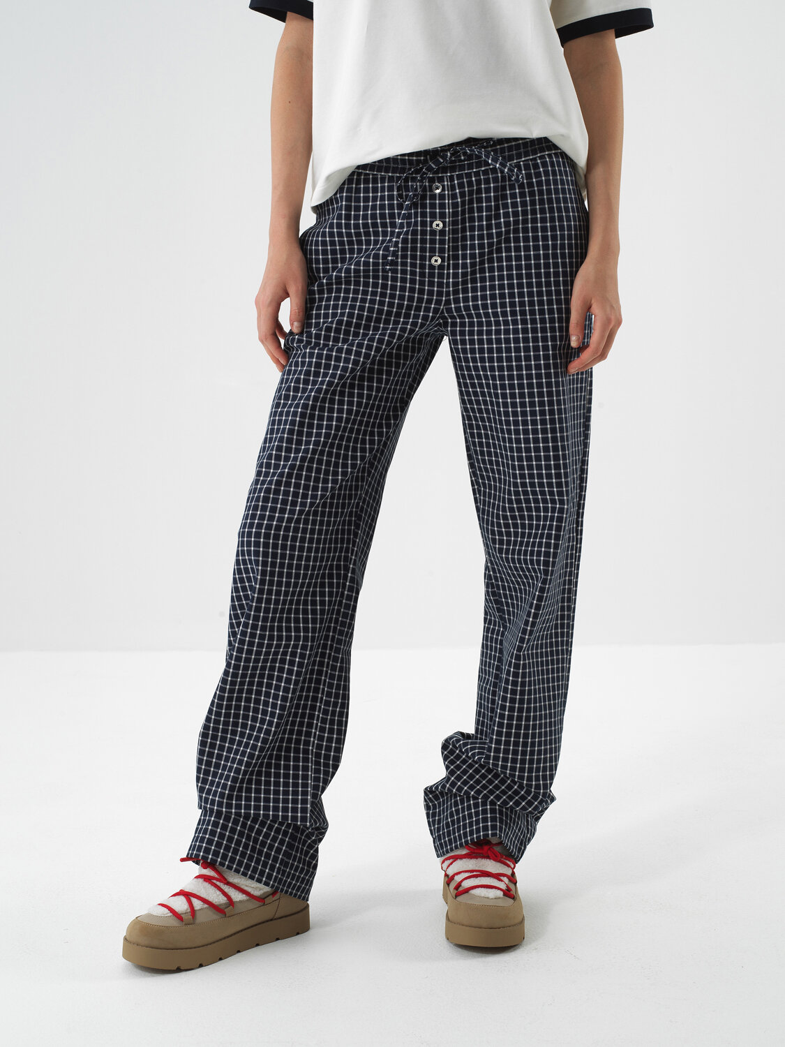 Lacivert Modern Ekose Oversize Pantolon - Xint