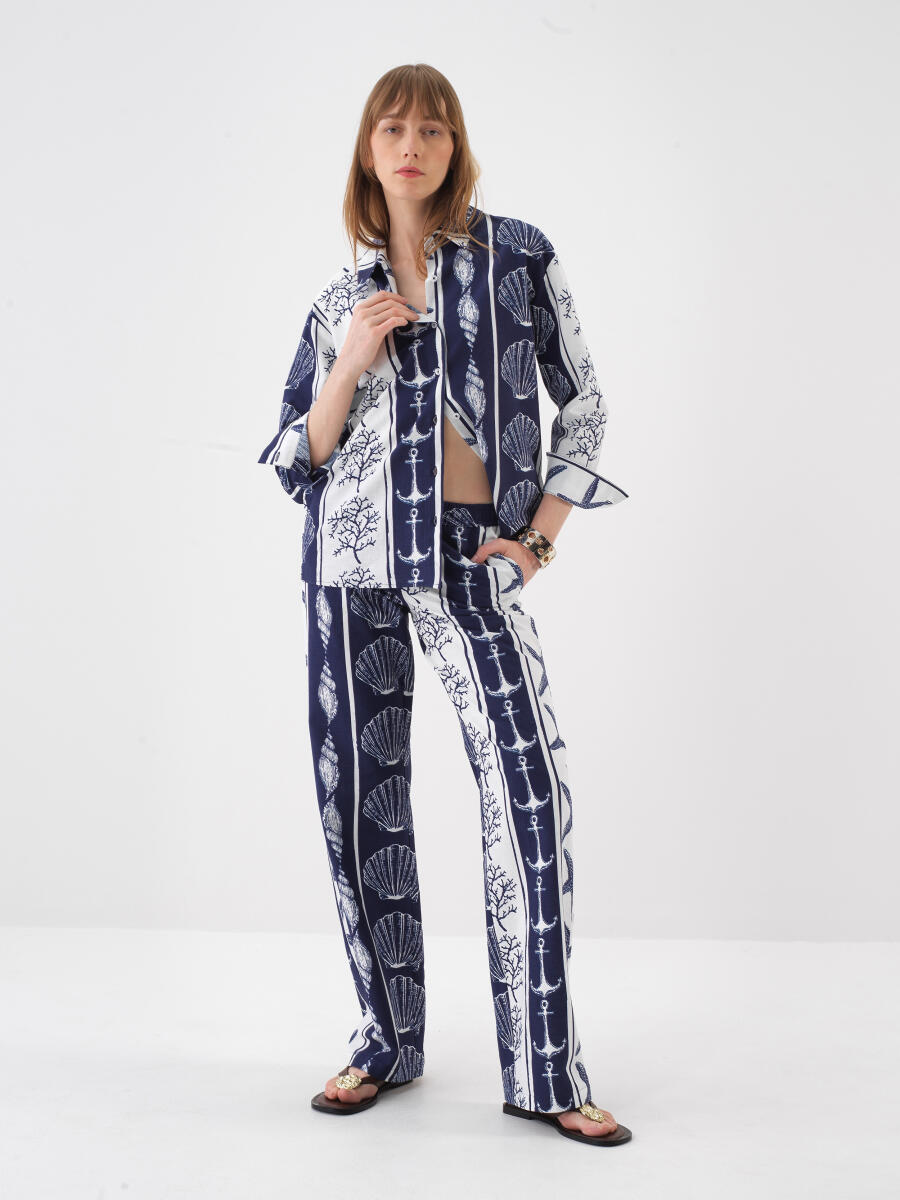 Lacivert Keten Karışımlı Oversize Pantolon - 2