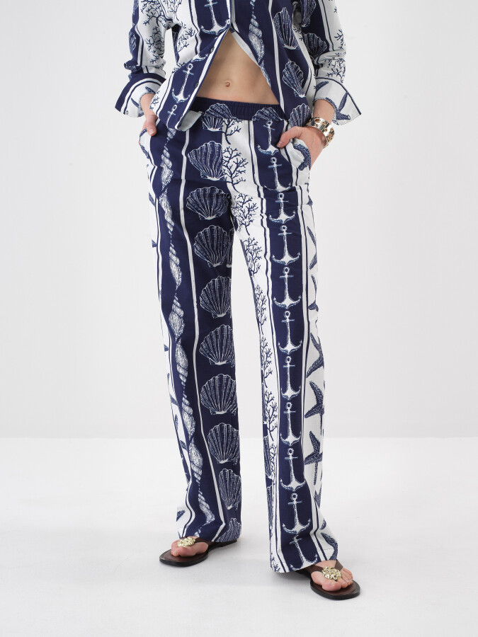 Lacivert Keten Karışımlı Oversize Pantolon