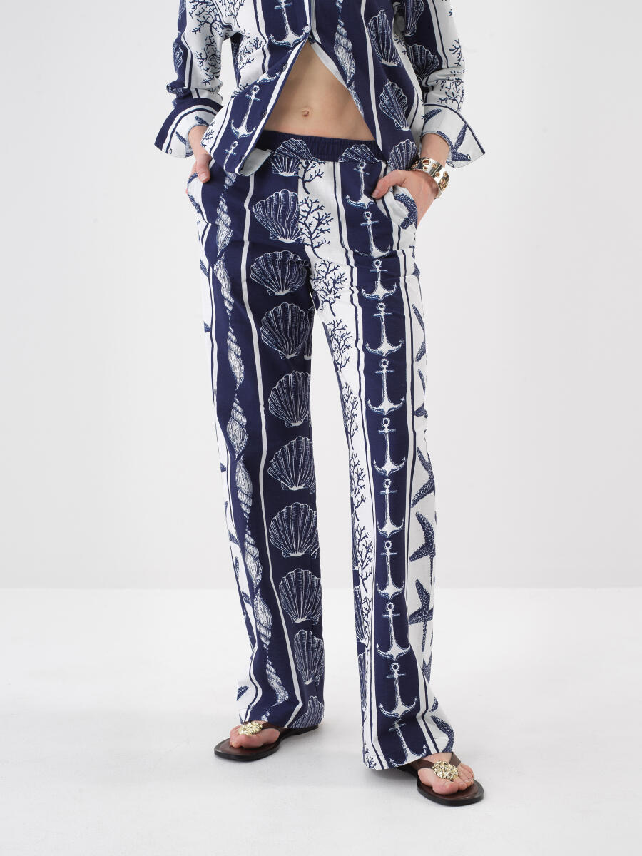 Lacivert Keten Karışımlı Oversize Pantolon - 1