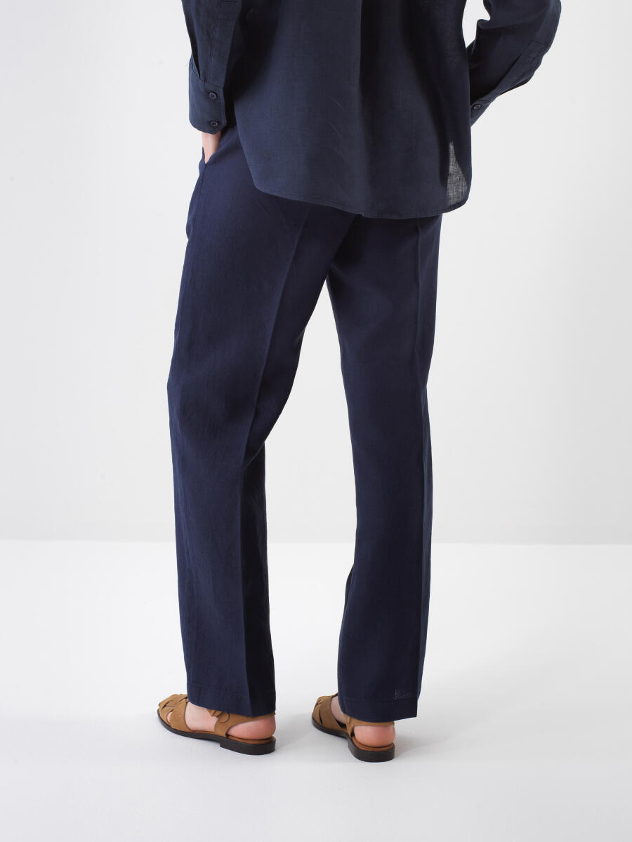 Lacivert %100 Keten Oversize Pantolon - 3