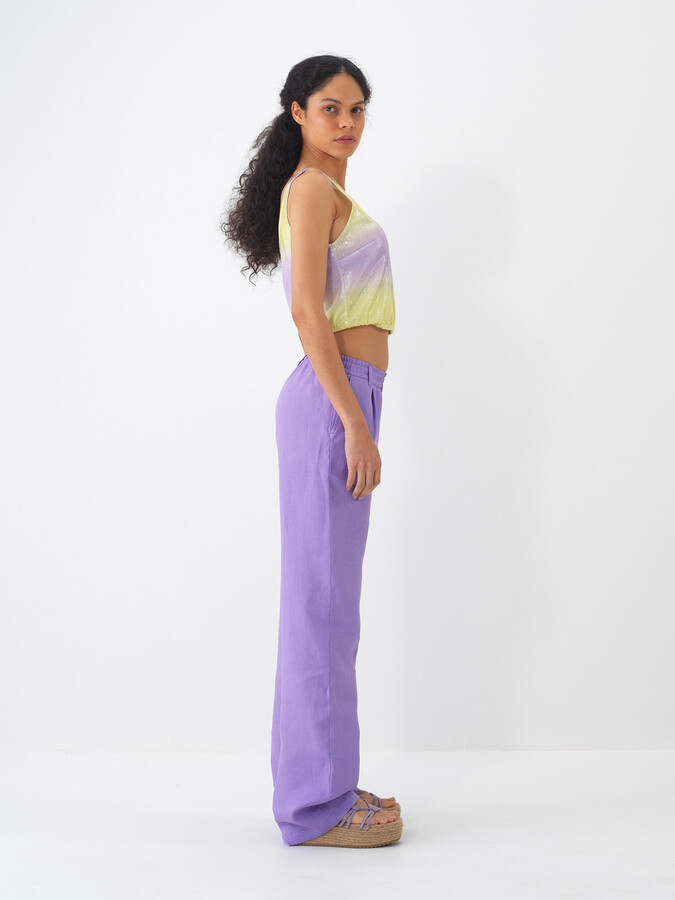 Lila %100 Keten Regular Fit Pantolon (3)