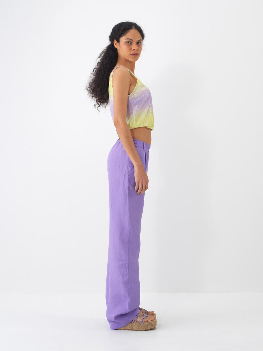 Lila %100 Keten Regular Fit Pantolon - 3