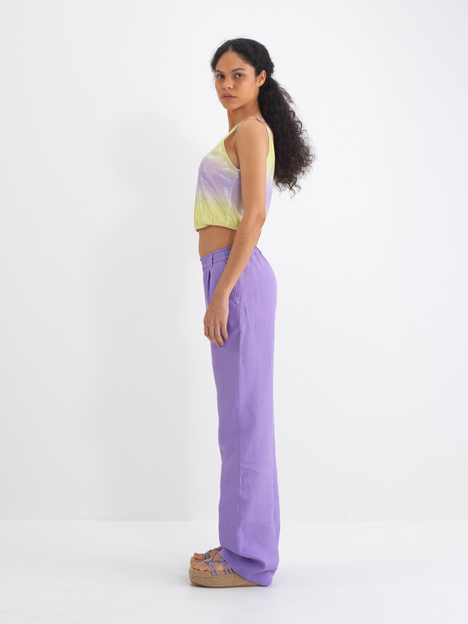 Lila %100 Keten Regular Fit Pantolon (4)