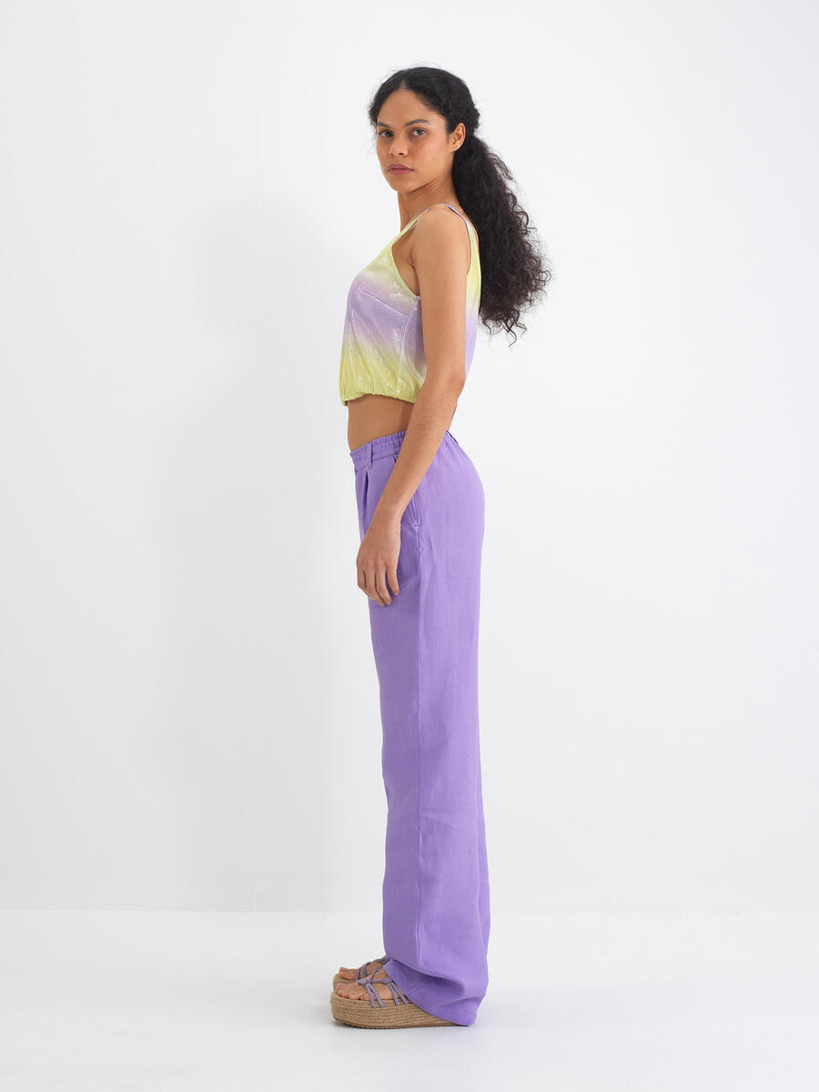 Lila %100 Keten Regular Fit Pantolon - 4