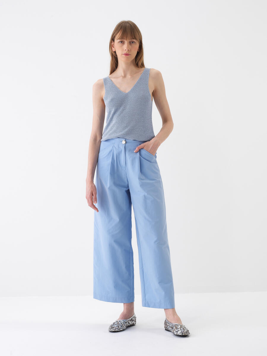 Mavi Pamuk Dokulu Oversize Pantolon - 2