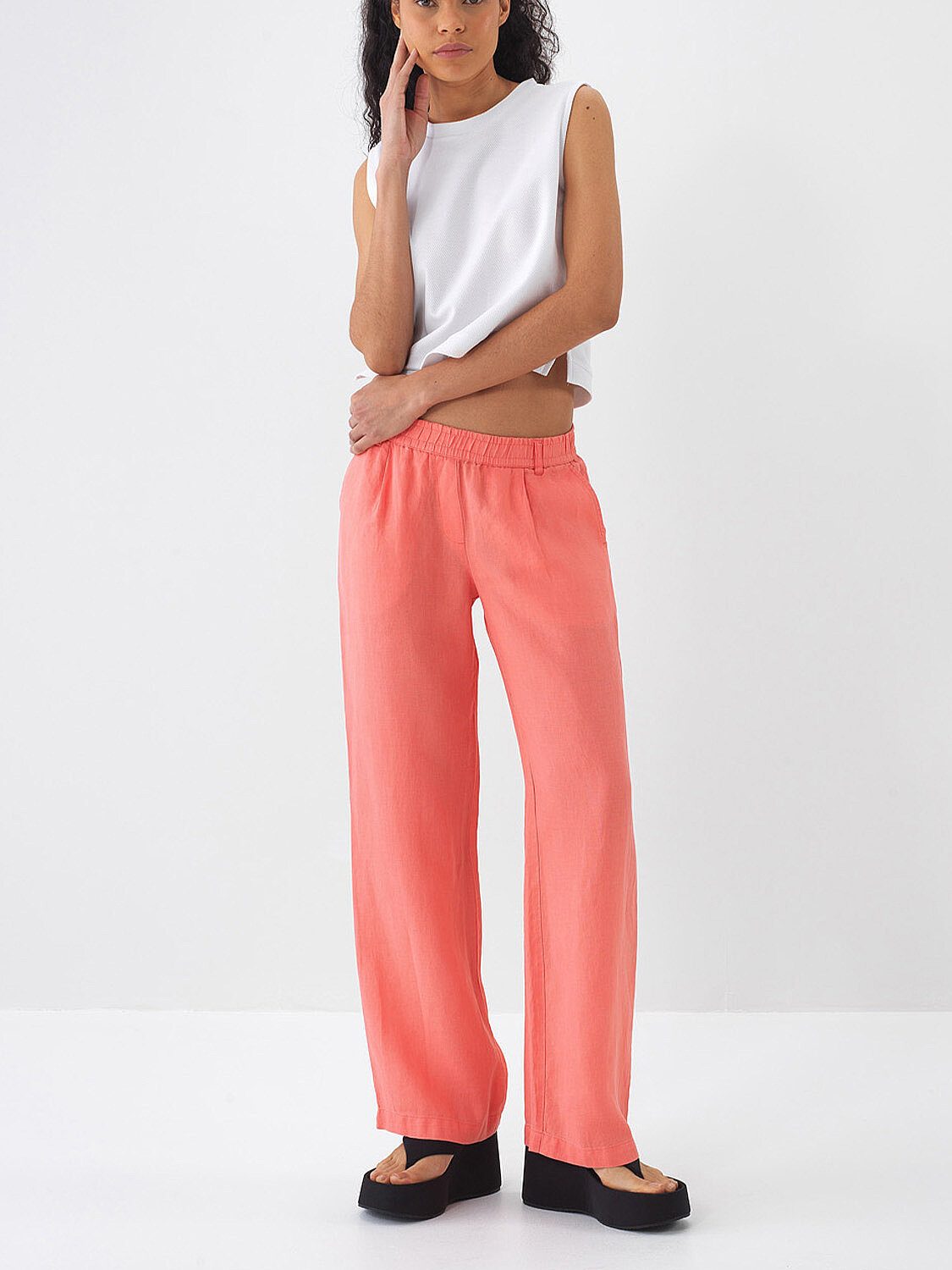 Nar Çiçeği %100 Keten Regular Fit Pantolon