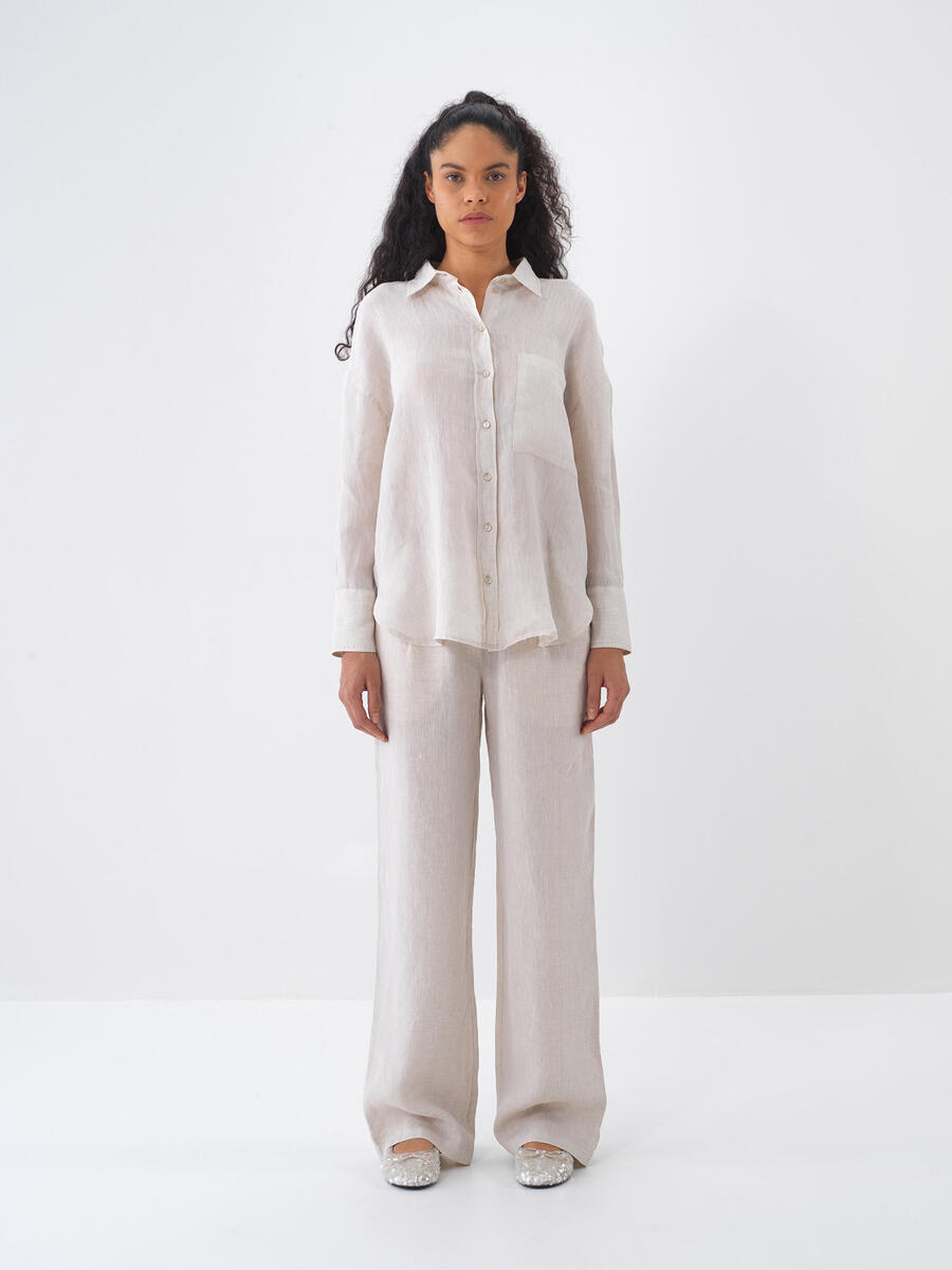 Naturel %100 Keten Regular Fit Pantolon - 1