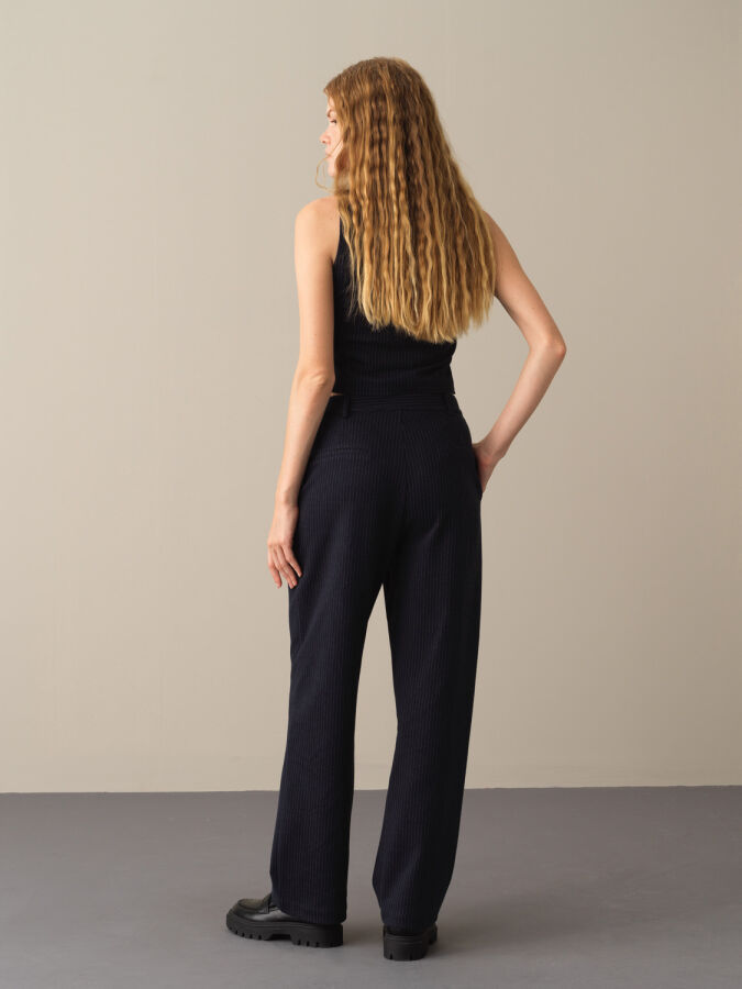 Lacivert Pamuk Dokulu Oversize Çizgili Pantolon - Xint